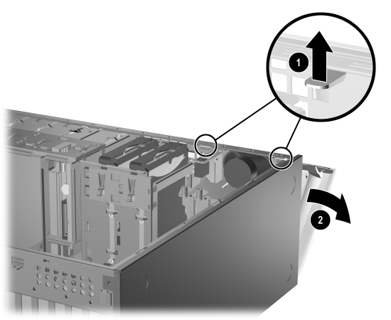 Rozbudowa sprz tu Zdejmowanie pokrywy przedniej 1. Jeżeli włączona jest blokada Smart Cover Lock, uruchom ponownie komputer, a następnie otwórz program Computer Setup i wyłącz blokadę. 2.