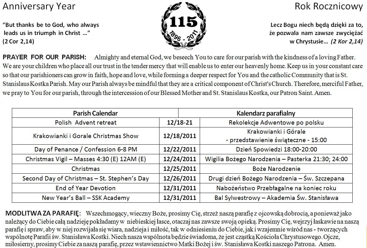 PAGE 6 DECEMBER 18, 2011 KOLĘDA -- Odwiedziny kolędowe i doroczne błogosławienie mieszkań rozpoczniemy w poniedziałek 2 stycznia.