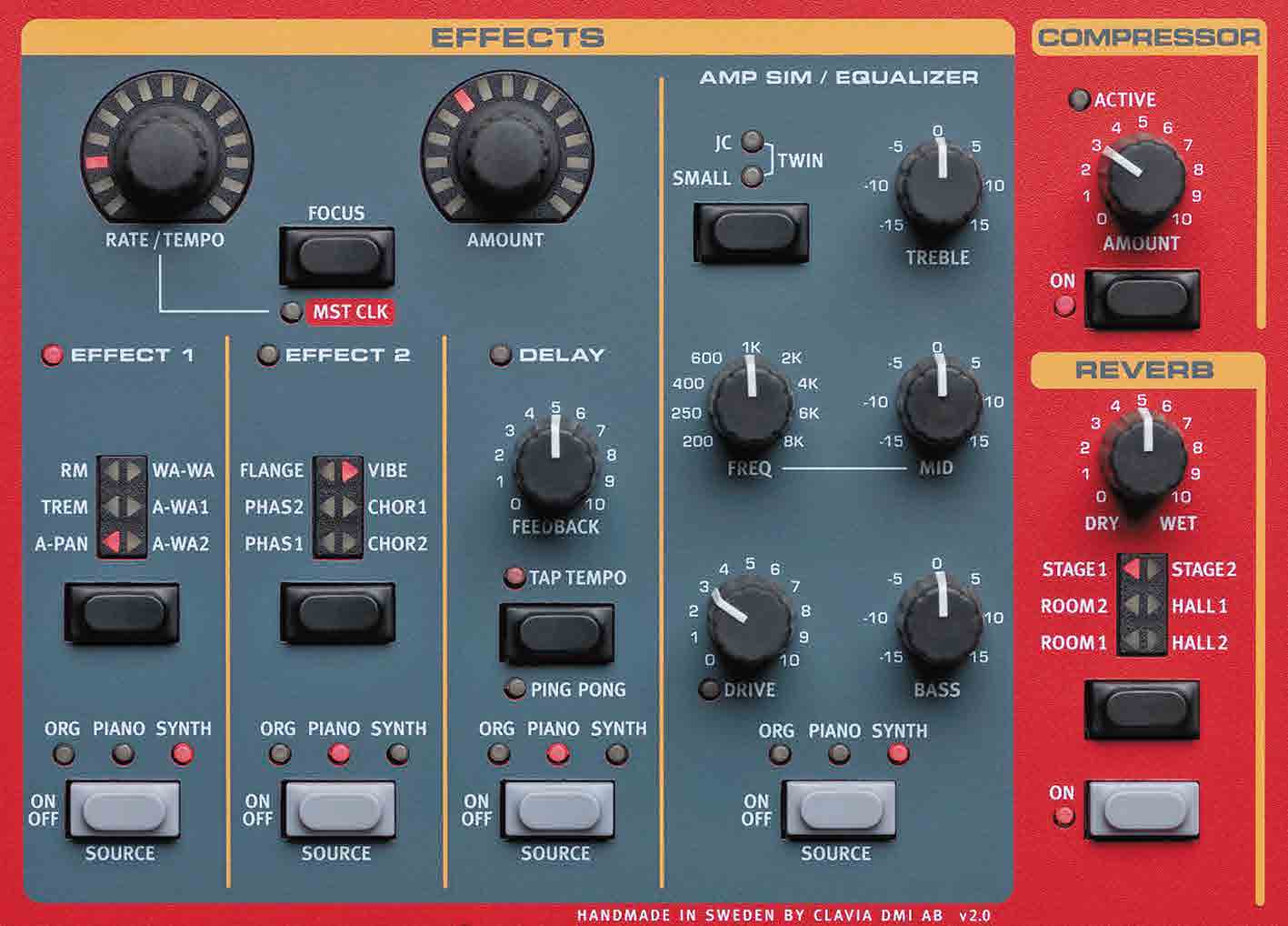 TEST Clavia Nord Stage 2 EX 76HP EFEKTY Na tylnej ściance instrumentu znajdziemy m.in. 4 niesymetryczne wyjścia liniowe, wyjście słuchawkowe, wejścia dla kontrolerów, porty MIDI oraz wejście Monitor.