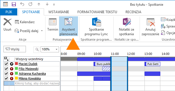 Planowanie terminu 1. Kliknij pozycję Kalendarz na pasku nawigacyjnym. 2. Na wstążce kliknij przycisk Nowy termin. Planowanie spotkania z innymi osobami 1.