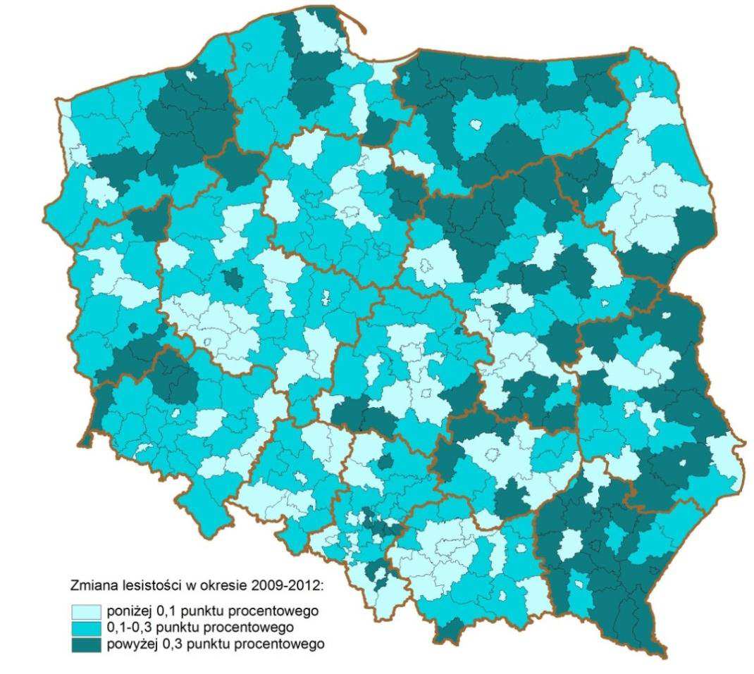 W okrese 2009-2012 nastąpł zrost poerzchn gruntó leśnych, jak róneż poerzchn zaleseń realzoanych na gruntach neleśnych.