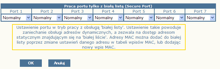 3.4.1 Biała lista na porcie (Secure Port) Każdy port urządzenia ma możliwość pracy jako "Secure Port".