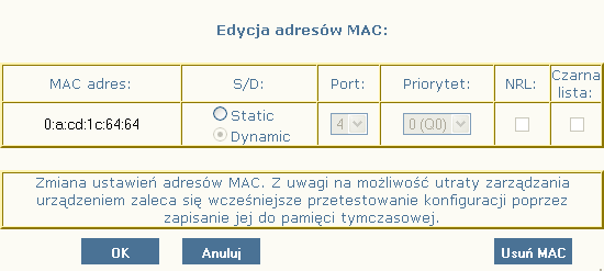 Rys. 24.Okno edycji ustawień adresów MAC 3.5 Nazwy portów Ethernet Rys. 25.