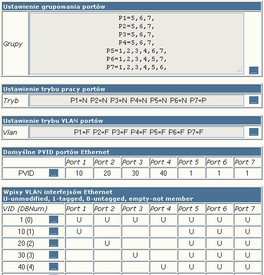 Lista komend CLI: Ustawienie domyślnego VID na portach: >ethpvid >ethpvid >ethpvid >ethpvid 1 2 3 4 1 2 3 4 Przypisanie do grup portów lokalnych: >ethgroup >ethgroup >ethgroup >ethgroup 1 2 3 4