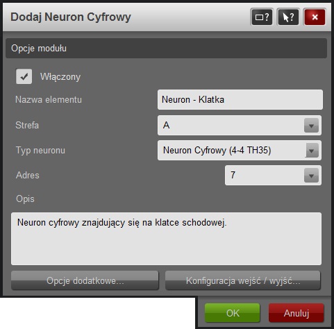 Kliknięcie na przycisku Dodaj powoduje wyświetlenie okna konfiguracji nowego Neuronu Cyfrowego przedstawionego na rysunku 2.