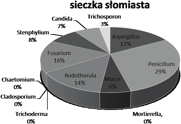 A B C D E Rysunek 2 Procentowy udział zidentyfikowanych rodzajów grzybów mikroskopowych w próbach różnych rodzajów ściółek Figure 2 Percentage of identified types of microscopic fungi in samples of