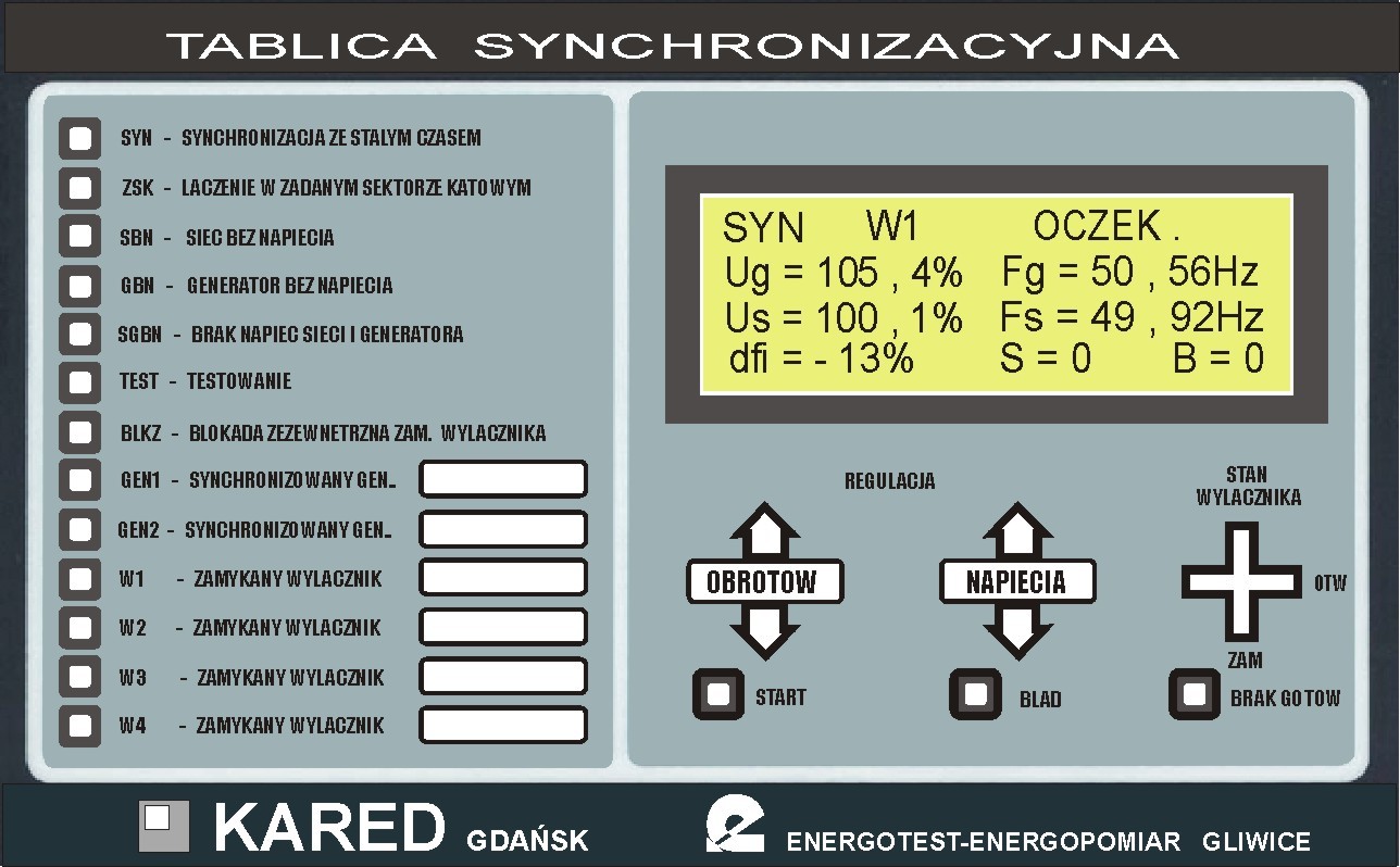 SM06C Instrukcja Użytkowania 7. Monitorowanie procesu synchronizacji 7.1. Tablica synchronizacyjna TS10 Tablica synchronizacyjna TS10 (rys. 7.1) przeznaczona jest do kontroli przebiegu procesu synchronizacji automatycznej ze stanowiska operatora w nastawni.