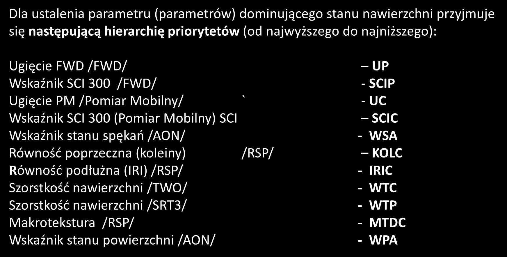 Rodzaje parametrów Parametr (parametry) dominujący Odcinek pasa jezdni w Systemie może być charakteryzowany przez czternaście parametrów techniczno-eksploatacyjnych nawierzchni i wyposażenia, z