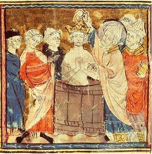 Przyjęcie chrztu przez Mieszka - obrządki Wcześnie rano 14 kwietnia 966 r. książę zjawił się razem ze swoim orszakiem przed wejściem do katedry.