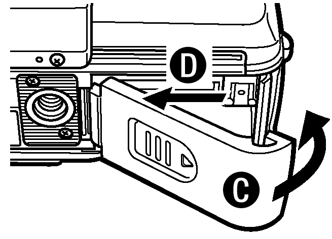 4 Zamknij pokrywę komory baterii / karty w kierunku strzałki (C), a następnie przesuń ją w stronę strzałki (D). Uwaga!