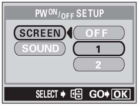 Ekran startowy (patrz poniżej) 1 Z głównego menu wybierz MODE MENU > SETUP > PW ON (PW OFF) SETUP i naciśnij strzałkę. > Jak korzystać z menu (str.23).