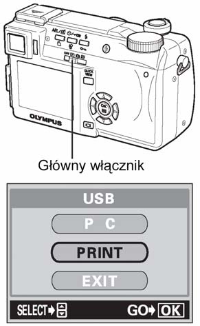 Pełna instrukcja obsługi aparatu Olympus CAMEDIA C-770 Ultra ZOOM Podłączanie aparatu do drukarki Korzystając ze znajdującego się w komplecie kabla USB podłącz aparat 1 Włącz drukarkę i podłącz jedną