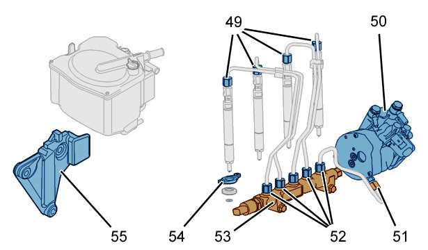 Silniki: 9HX 9HZ Układ wtryskowy DELPHI 49 Złączka na wtryskiwaczu diesel 2 ± 0,5 2,5 ± 0,3 50 Pompa wtryskowa diesel na wsporniku 2,2 ± 0,3 51 Złączka na pompie wysokiego ciśnienia diesel 2 ± 0,5