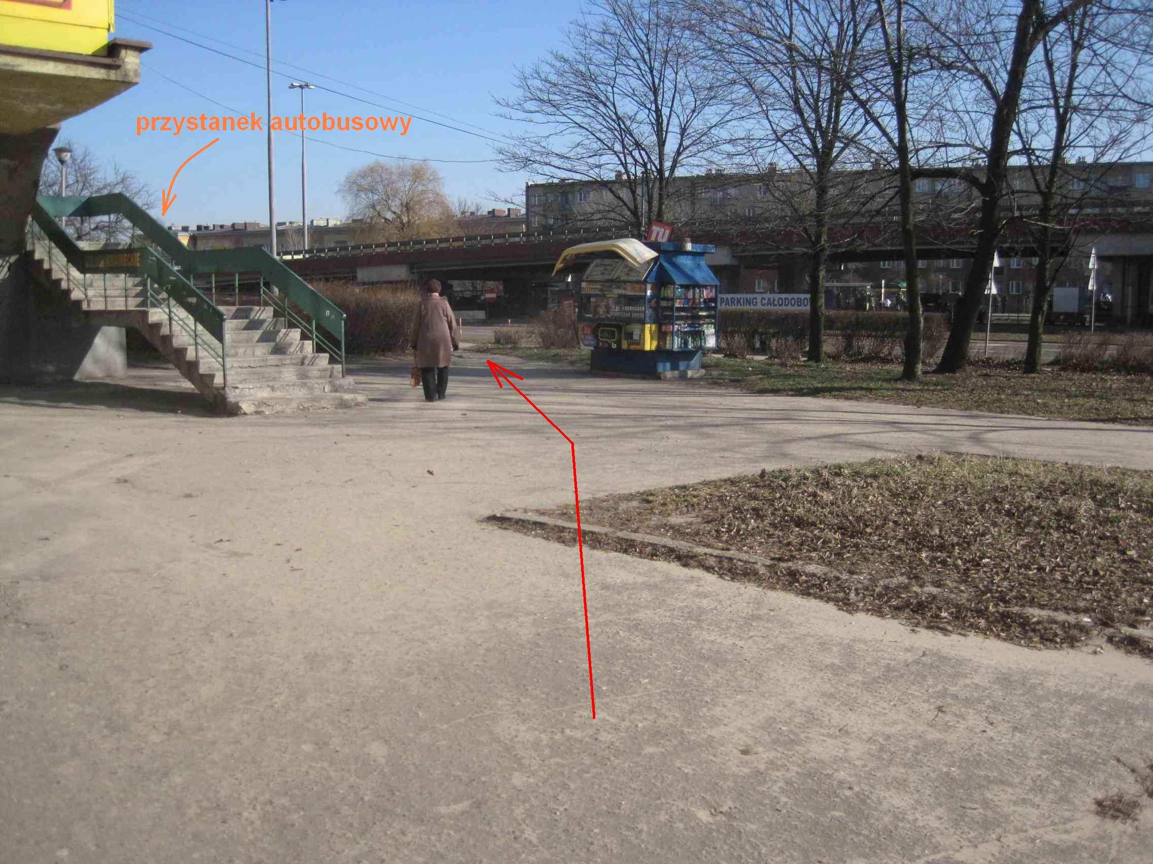 Chodnik wzdłuŝ pawilonu i skweru. Nawierzchnia częściowo z kostki, reszta z asfaltu - co zapewne jest skutkiem róŝnych własności poszczególnych fragmentów przestrzeni publicznej.