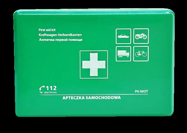 Apteczka AS6 Opaska dziana podtrzymująca 4x5cm 2szt. Kompres gazowy 5x5cm 1opak. Plaster z opatrunkiem 6x10cm 1szt. Rękawiczki jednorazowe 1para Instrukcja udzielania pierwszej pomocy 1szt.