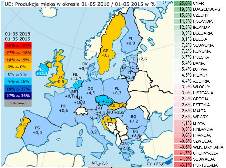 8 MAPA 2 Różnice w produkcji mleka u poszczególnych producentów mleka w UE, Źródło: Komisja Europejska Z ostatnich danych Komisji Europejskiej wynika, że w okresie pięciu pierwszych miesięcy br.