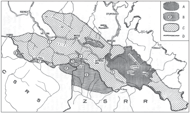 486 Bojkowszczyzna Zachodnia wczoraj, dziś i jutro Ryc. 42.8. Proponowany system obszarów chronionych w Bieszczadach Zachodnich według koncepcji Zakładu Ochrony Przyrody PAN w Krakowie z 1977 r.