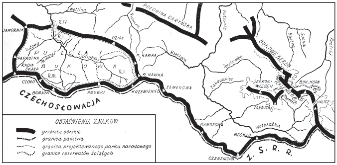 Formy ochrony przyrody 479 Ryc. 42.2. Proponowany zasięg BdPN i lokalizacja ścisłych rezerwatów przyrody koncepcja z 1957 r. Źródło: Lisowski (1957, s. 24). wykorzystania odwilży politycznej.