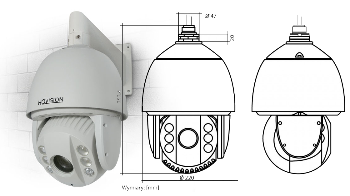 Specyfikacja techniczna Sensor obrazu Model 1/2.8 Progressive Scan CMOS HQ-SDIP2030L-E-IR Kamera Efektywna ilość pikseli 2230K pixeli Czułość Kolor: 0.05Lux F1.6, AGC wł.