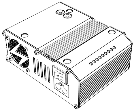 6. ELEMENTY OBSŁUGI 2 1 3 5 4 6 7 1 diody LED Power Output wskazujące aktualną moc wyjściową 2 wyjście 1 (gniazda Ø 4 mm) 3 wentylator 4 wyjście 2