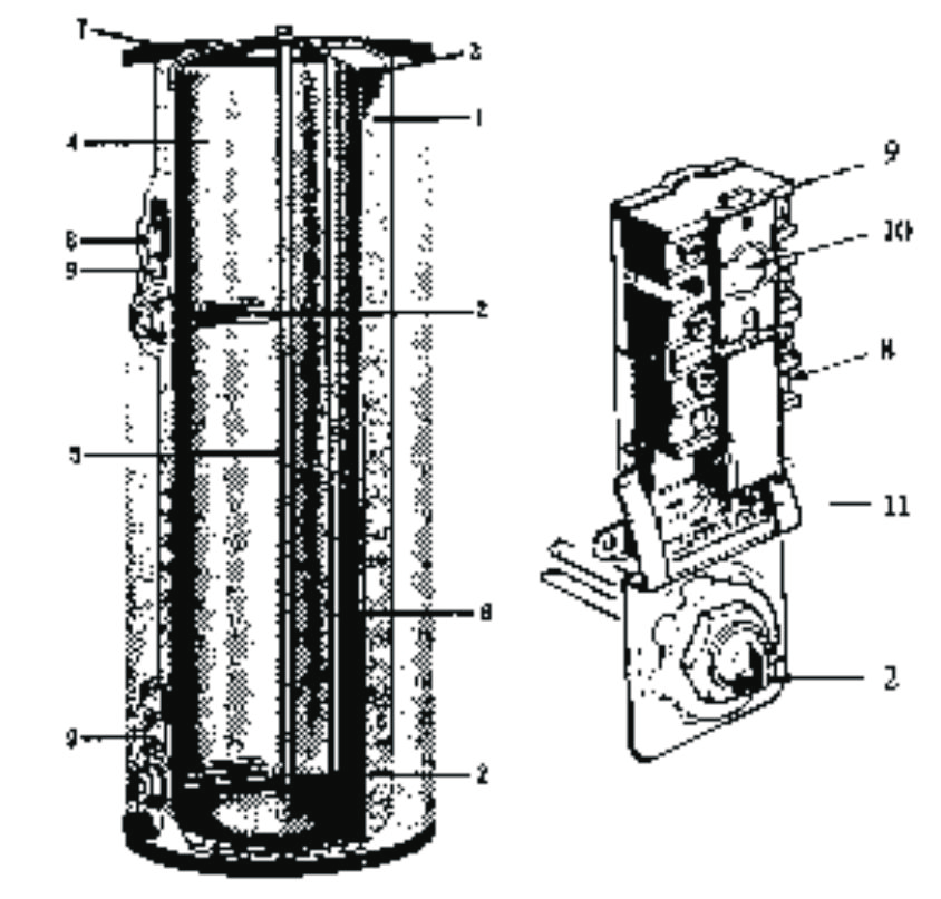 1. Izolacja z pianki poliuretanowej 2. Element grzejny 3. Zbiornik izolowany 4. Porcelanowa powłoka zbiornika 5. Anoda ochronna 6. Wlot zimnej wody 7. Złącze elektryczne 8. Wyłącznik termiczny 9.