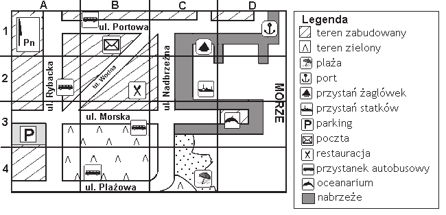 pobrano z www.sqlmedia.pl Plan do zada od 16. do 18. Zadanie 16. Oceanarium znajduje si na planie w prostokcie oznaczonym współrzdnymi A. (C1) B. (C2) C. (D1) D. (D3) Zadanie 17.