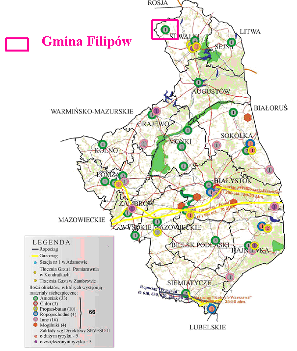 Mapa 7: Zakłady zagrożone awarią przemysłową rejon podlaski Źródło: Państwowa Wojewódzka Straż Pożarna w Białymstoku, www.straz.bialystok.