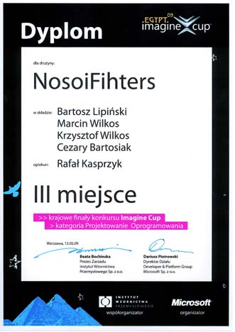 ...Działalność naukowo-badawcza... III miejsce, w kategorii Projektowanie Oprogramowania, w Finałach Krajowych konkursu Imagine Cup 2009 dla Drużyny NosoiFighters Młodzi naukowcy z ISI, pod opieką R.
