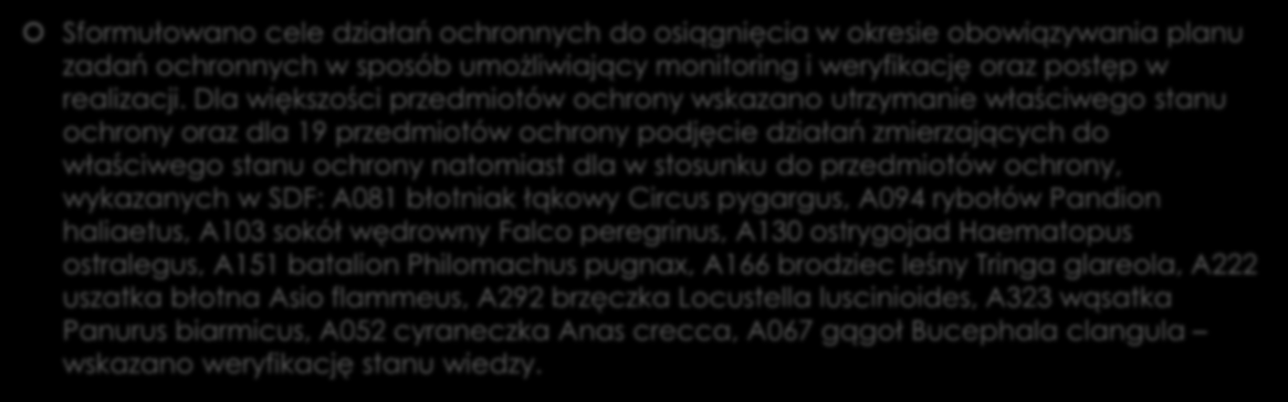 Jakie cele działań ochronnych zostały wyznaczone w Planie zadań ochronnych dla badanego obszaru?