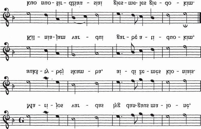 V SKYRIUS 157 Vepriø ir Vilniaus Verkių Kalvarijø istoriografiniai, apeigų ir muzikos sugretinimai Vilniaus Verkių ir Veprių Kalvarijų Kryžiaus kelio giesmės Marijos vardas melodija 338 : Žemaitiškos