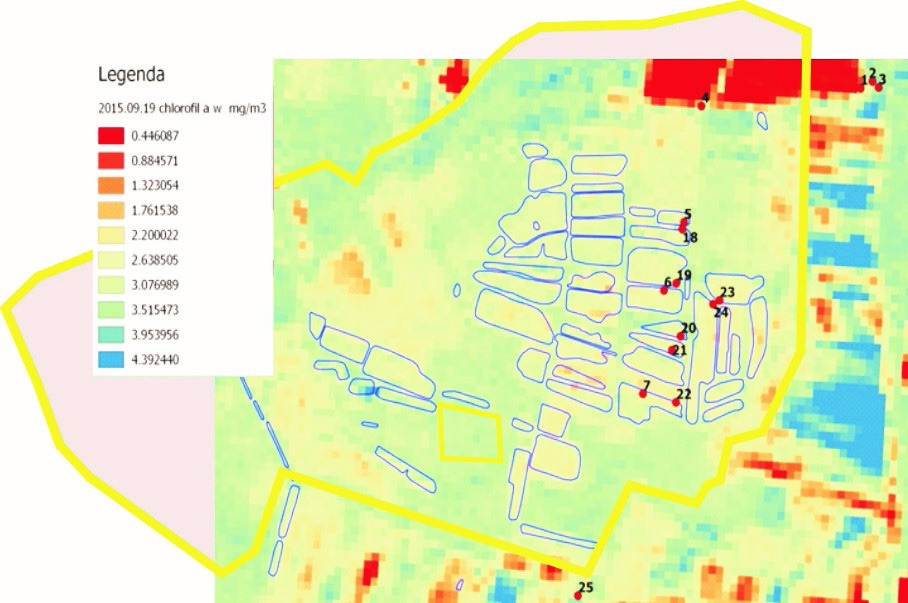 Fig. 13. Sampling areas for analyses dated 2015-05-03 and 2015-07-18 against Landsat analysis for the composition of 2015-08-02 (the numbers on the map are numbers of measurement points) Rys. 13. Miejsca poboru próbek wody (oznaczone numerami 1 7, 18 25) z 3 maja oraz 18 lipca 2015 roku, na tle analizy danych z satelity Landsat 8, dla kompozycji z 2 sierpnia 2015 roku Fig.