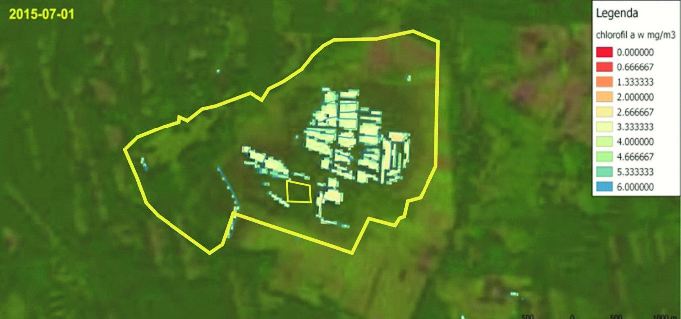 Fig. 10. Summary of exemplary analyses of chlorophyll a content in water according to satellite images dated 2015-01-06 and 2015-07-01 (http, 2015a; http, 2015c) Rys. 10. Zestawienie przykładowych analiz zawartości chlorofilu a w wodzie na podstawie zobrazowań satelitarnych Landsat 8 OLI z 2015-01-06 oraz 2015-07-01 (http, 2015a; http, 2015c) Table 3.