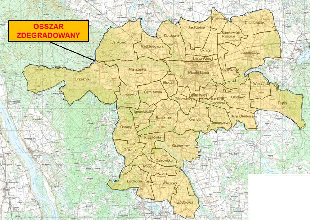Rysunek 5. Obszar zdegradowany na terenie Gminy Lipno Źródło: Opracowanie własne na podstawie danych z Urzędu Gminy w Lipnie 6. Zasięg przestrzenny obszaru rewitalizowanego 6.1.