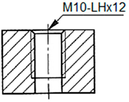Zadanie 6. Jakie parametry powinien mieć gwint wykonany na podstawie rysunku? A. Gwint lewy o długości 10 mm, otwór pod gwint 12 mm. B. Gwint prawy o długości 10 mm, otwór pod gwint 12 mm. C.