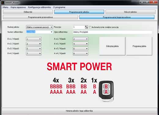 P Zakładka Programowanie pilotów PGROGRAMMER Piloty SMART_POWER posiadają wbudowany odbiorniki radiowy i można je programować bezprzewodowo, poprzez położenie na programatorze.