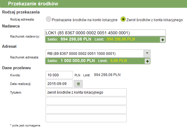 W celu dokończenia operacji należy dokonać podpisu elektronicznego zgodnie z punktem 3.1 niniejszego przewodnika. 46: Formularz przekazania środków 3.3.3.2.
