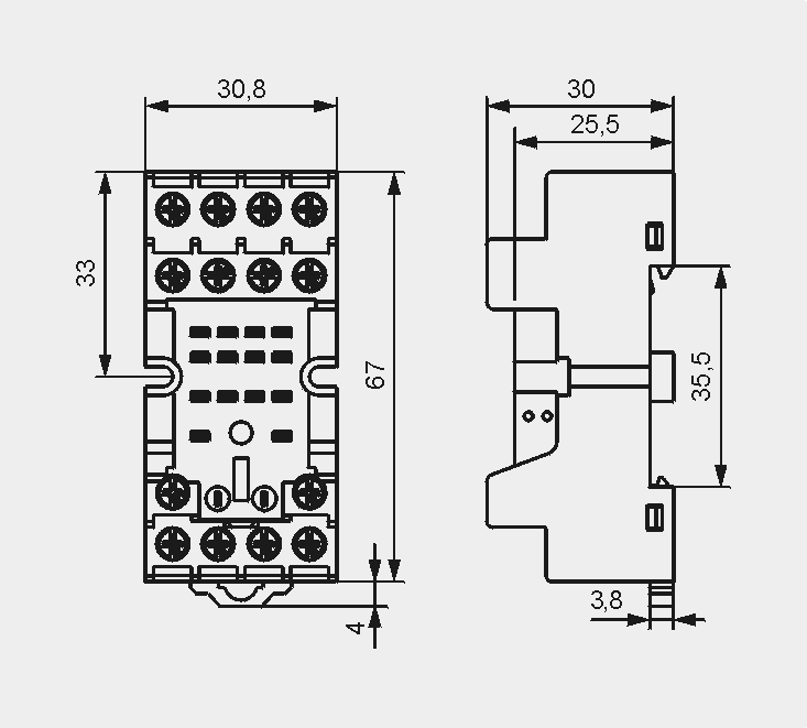 Gniazda i akcesoria GZT4 ❸ Do R4N, T-R4 Z zaciskami śrubowymi Maksymalny moment dokręcenia zacisku: 0,7 Nm Montaż na szynie 35 mm wg PN-EN 60715 lub na płycie 76,3 x 27 x 42,5(80) mm ❷ 6 A, 300 V AC