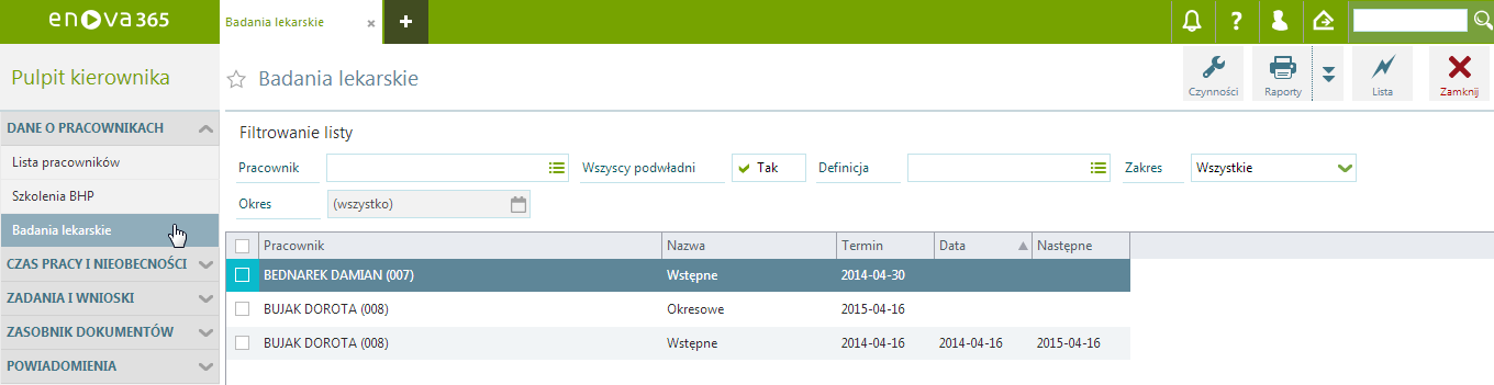 Pracownik lista pracowników do wyboru, dla których będzie wyświetlona informacja o ukończonych szkoleniach. Domyślnie wśród pracowników jest dostępny również kierownik.