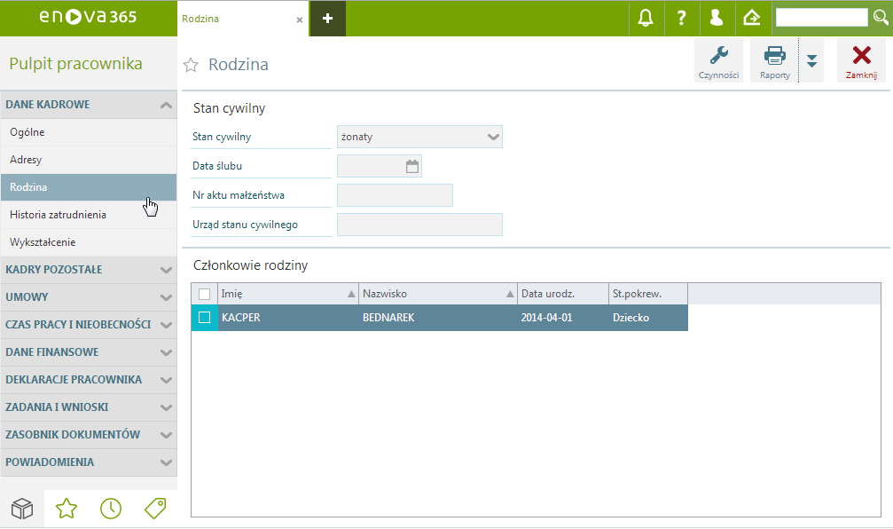 Dane kadrowe / Adresy Pulpit Pracownika / Dane kadrowe / Rodzina Informacja o rodzinie podzielona została na dwie części: Stan cywilny.
