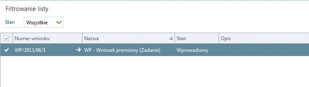 Dostępne filtry: Czas pracy i nieobecności / Inne wnioski Stan pozwala zawęzić wyświetlanie wniosków tylko do wniosków o określonym statusie.