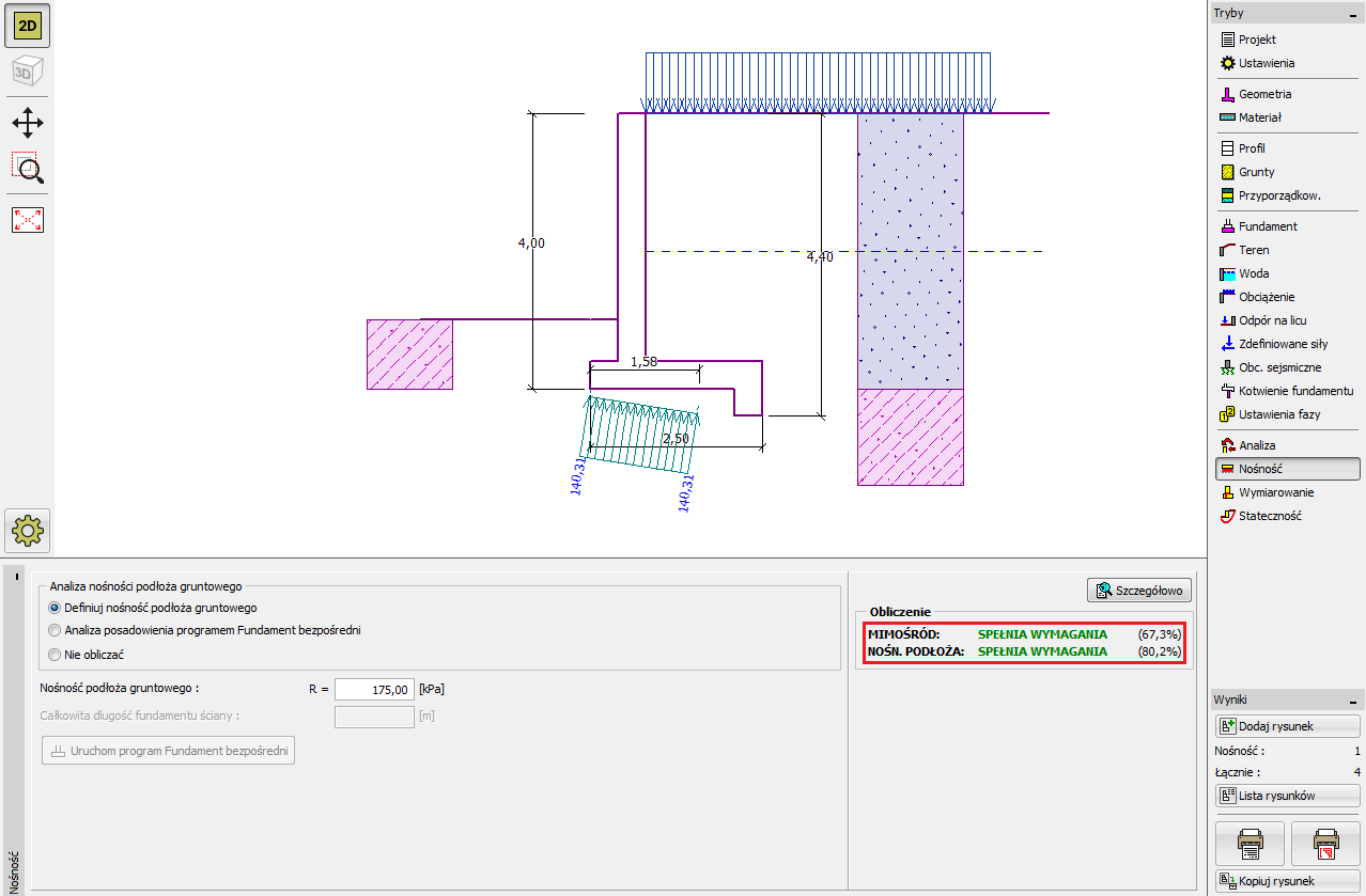 Ramka "Nośność" Uwaga: Wprowadziliśmy nośność podłoża gruntowego jako daną uzyskaną wcześniej z innych źródeł, przykładowo z dokumentacji geologiczno inżynierskiej lub norm obliczeniowych.