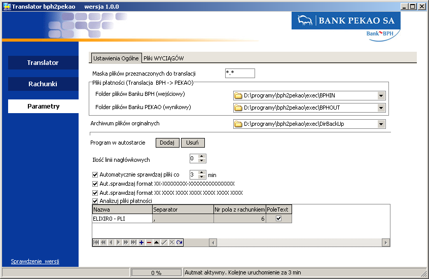 Po uruchomieniu program przyjmuje wartości domyślne parametrów zakłada wszystkie wymagane foldery opis poniŝej. Wszystkie parametry są definiowalne i przechowywane w pliku bph2pekao.