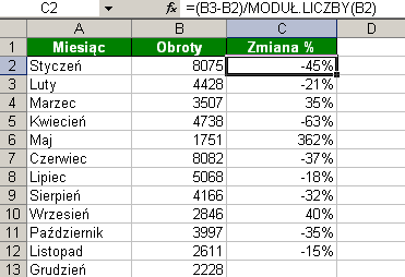 2. Zmień format komórki na procentowy, korzystając z kombinacji klawiszy Ctrl + Shift + 5. Rys. 2.