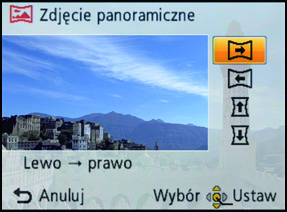 [Zdjęcie panoramiczne] Nagrywanie Zdjęcia są robione w trybie ciągłym w trakcie poruszania aparatem poziomo lub pionowo, a następnie są łączone, aby utworzyć pojedyncze zdjęcie panoramiczne.