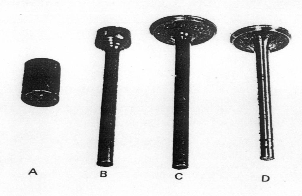 Kształtowanie zaworu silnika samochodowego: A - surowy pręt, B trzonek