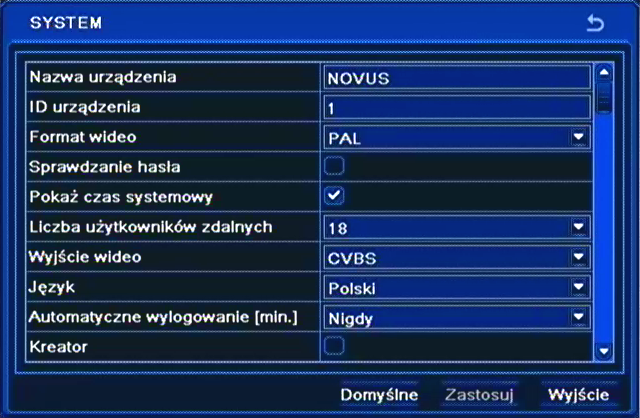 NDR-BA3208 i NDR-BA3416 Instrukcja obsługi wer.1.0 KONFIGURACJA REJESTRATORA 5.1.1.1. System Po wybraniu z menu podstawowe pozycji SYSTEM pojawi się poniższy ekran.