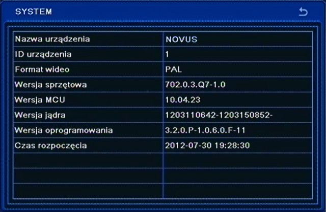 NDR-BA3208 i NDR-BA3416 Instrukcja obsługi wer.1.0 KONFIGURACJA REJESTRATORA 5.2. Informacje Po wybraniu z MENU GŁÓWNE pozycji INFORMACJE pojawi się poniższy ekran.