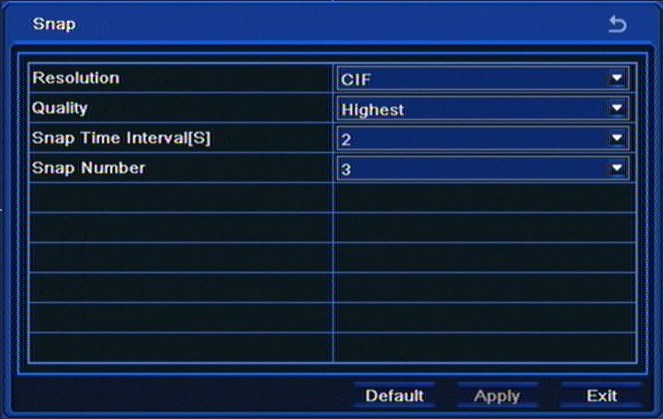 RECORDER S CONFIGURATION NDR-BA3208,NDR-BA3416 User s manual ver.1.0 5.1.3.6. Snap Selecting SNAP from the RECORD menu displays the following screen.