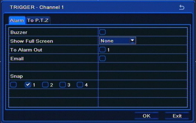 RECORDER S CONFIGURATION NDR-BA3208,NDR-BA3416 User s manual ver.1.0 Selecting Trigger displays the following screen: Snap field allows to select cameras that pictures from are later attached to e-mail messages.