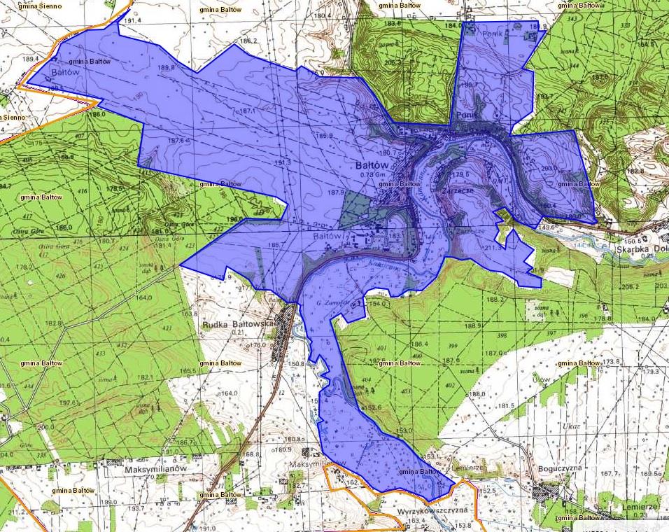 Mapa 13 Sołectwo Bałtów obszar rewitalizacji zaznaczono kolorem niebieskim (bez